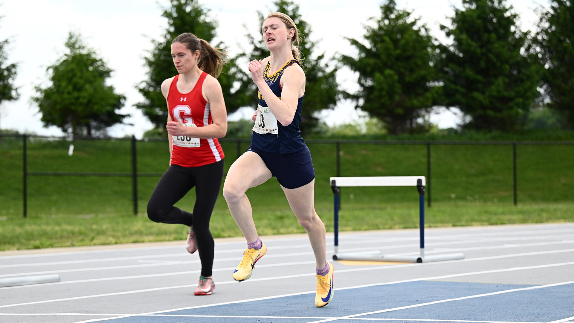 The Allegheny women's track & field team competes at the 2026 PAC Outdoor Championships. Photo by Robert Hayes.