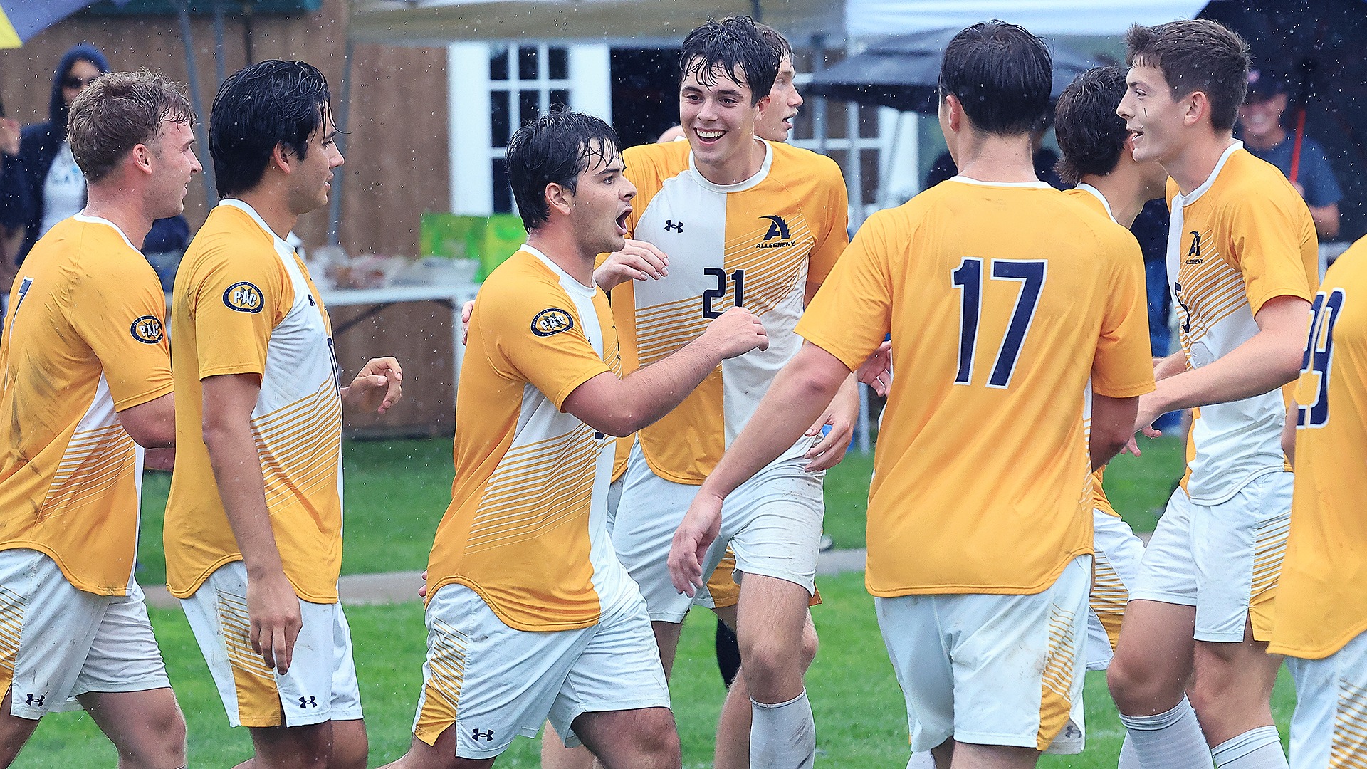 Nick Magee celebrates a goal against Alfred State