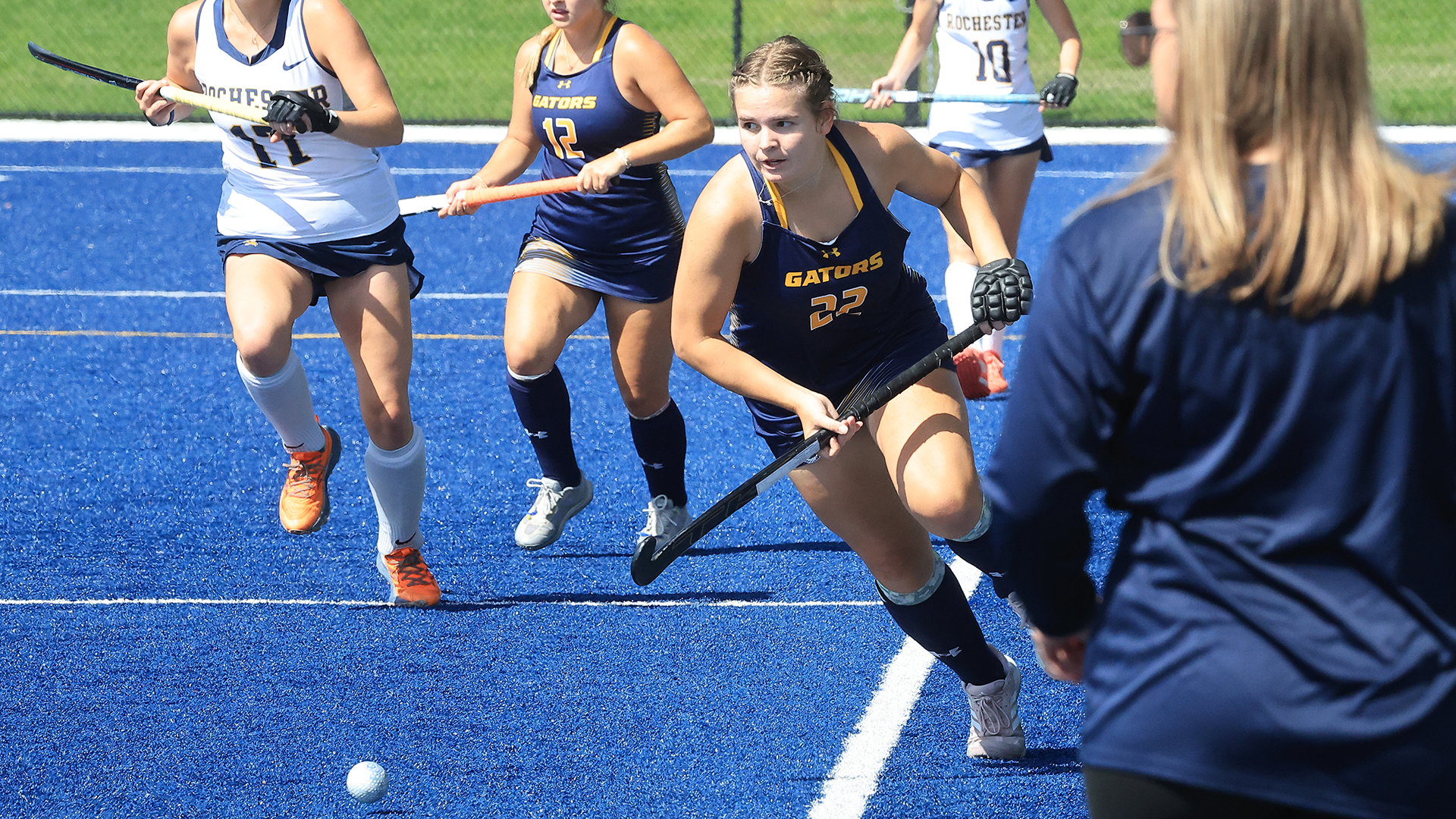 Allegheny College field hockey vs.Rochester, Sept. 27, 2026. Photo by Ed Mailliard.