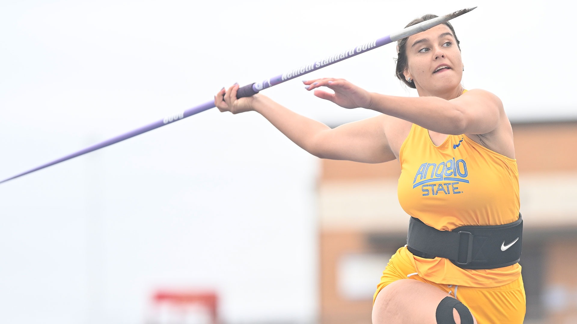 Ekaterina Fedotova throws a javelin.