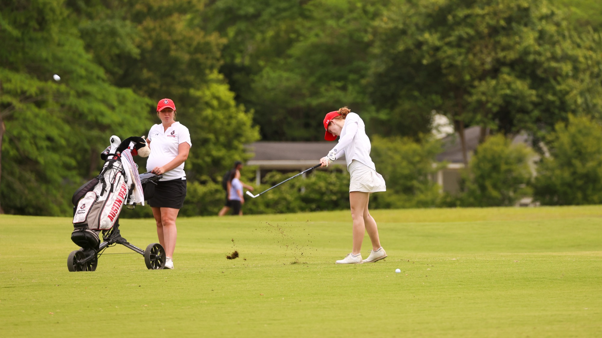 Austin Peay women's golf team shot 290 in the second round of the ASUN Championship to move into a tie for fifth place, Saturday, at the Dothan Country Club. 