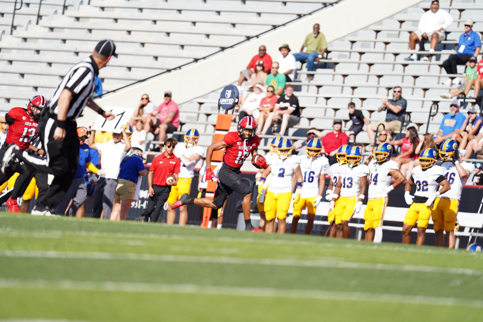 Austin Peay State University's football team scored early and often against Morehead State, running away from the Eagles with a record-breaking 35-point second quarter on the way to a 63-7 victory, Saturday, at Fortera Stadium.