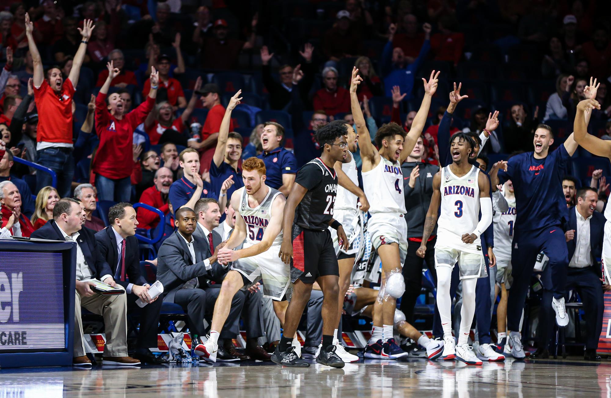 Arizona Wildcats forward Matt Weyand (54) sinks a three and the bench erupts, Arizona Wildcats men's basketball vs. Nebraska-Omaha 12/11/19 in Tucson, Ariz.Photo by Mike Mattina / Arizona Athletics