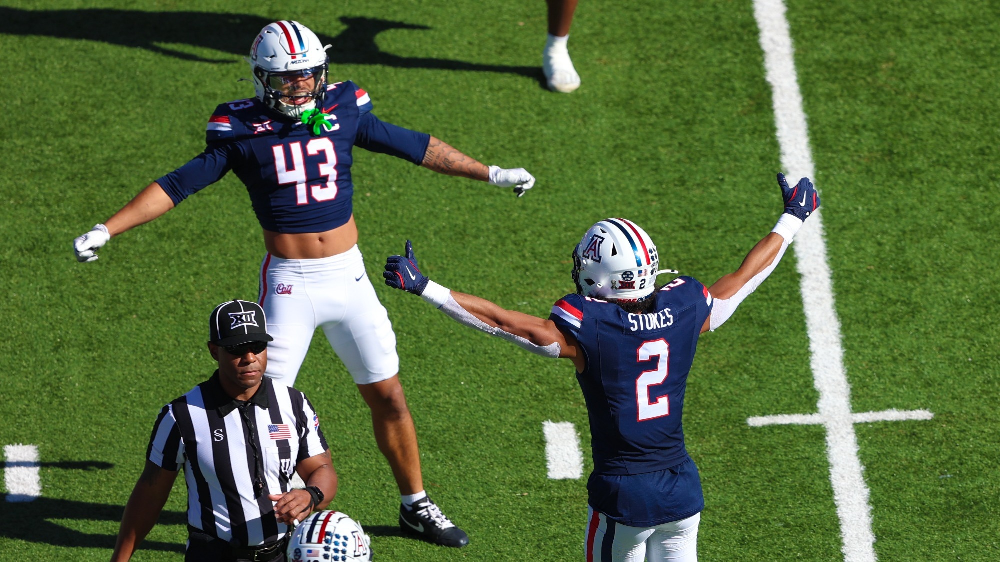 cornerback Treydan Stukes (2), safety Dalton Johnson (43) — TUCSON, ARIZ. --  FB vs Kansas at Arizona Stadium.

Nov. 8, 2025. 
Photo by Carson Mayeux / Arizona Athletics