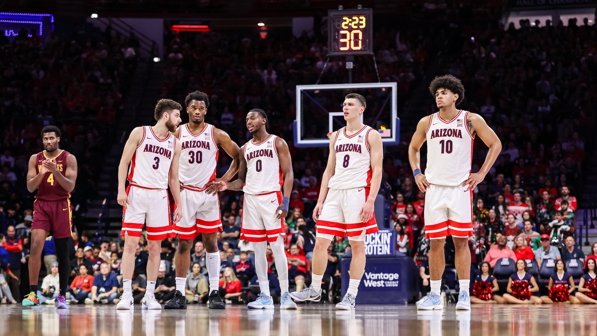 Anthony Dell'Orso (3), Tobe Awaka (30), Jaden Bradley (0), Ivan Kharchenkov (8), Koa Peat (10) — TUCSON, ARIZ. -- Men’s basketball vs. Bethune-Cookman at McKale Center.

Dec. 22, 2025. 
Photo by Mike Christy / Arizona Athletics