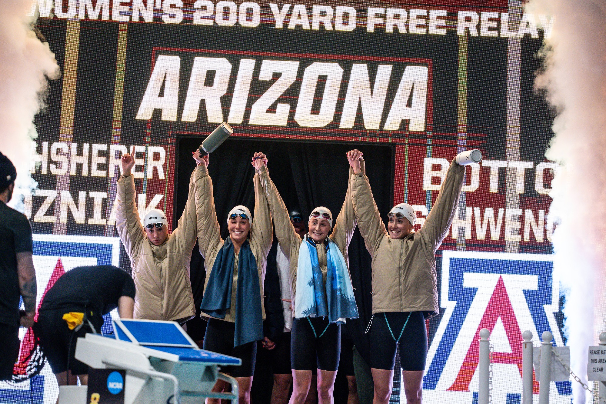 Lexi Duchsherer, Julia Wozniak, Riley Botton, Alyssa Schwengel — FEDERAL WAY, WASH. -- Women’s swimming and diving competes in the 2025 NCAA Swimming and Diving Championships at Weyerhaeuser King County Aquatic Center.March 19, 2025. Photo by Jack Spitser