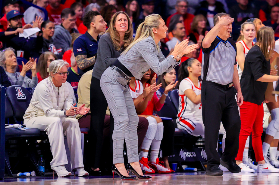 Becky Burke, head coach, Julie Hairgrove, assistant coach — TUCSON, ARIZ. -- Women’s Basketball vs University of Central Florida at McKale Center.Jan. 10, 2026. Photo by Catherine Regan / Arizona Athletics