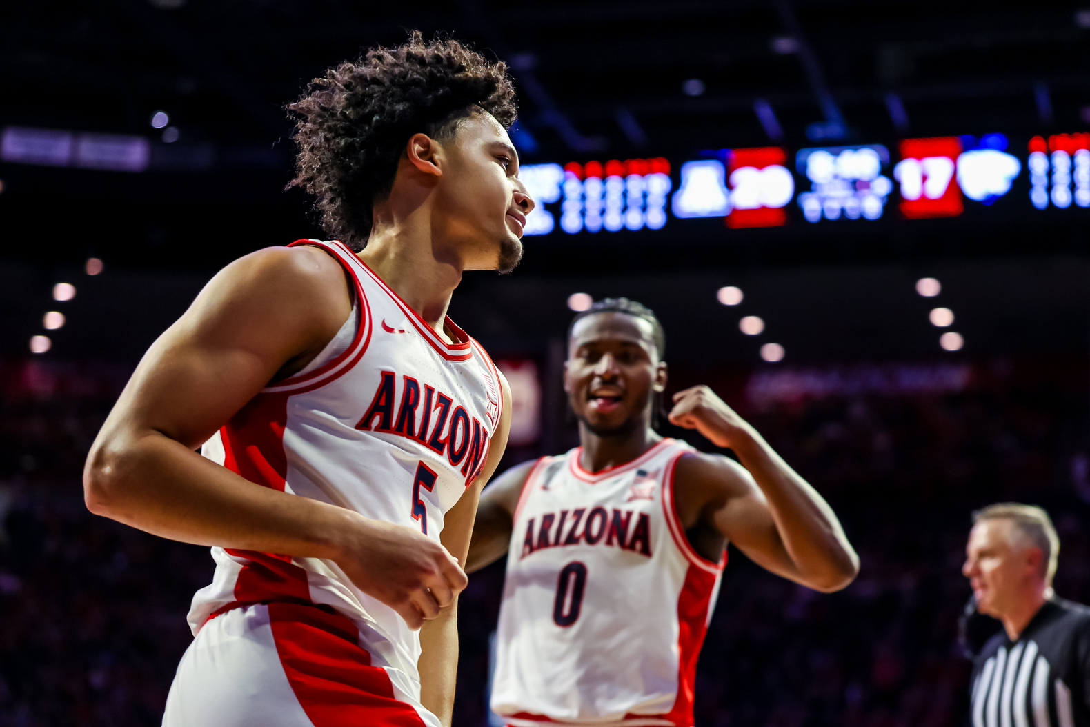 Brayden Burries (5), Jaden Bradley (0) - TUCSON, ARIZ. -- Men’s Basketball vs Kansas State, Big 12 Home Opener at McKale Memorial CenterJan. 7, 2026. Photo by Rebecca Sasnett / Arizona Athletics