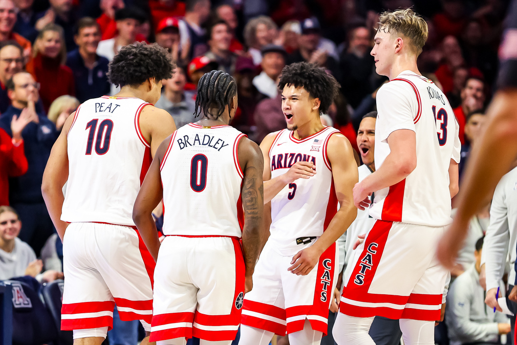 Brayden Burries (5), Jaden Bradley (0), Motiejus Krivas (13), Koa Peat (10) - TUCSON, ARIZ. -- Men’s Basketball vs Kansas State, Big 12 Home Opener at McKale Memorial CenterJan. 7, 2026. Photo by Rebecca Sasnett / Arizona Athletics