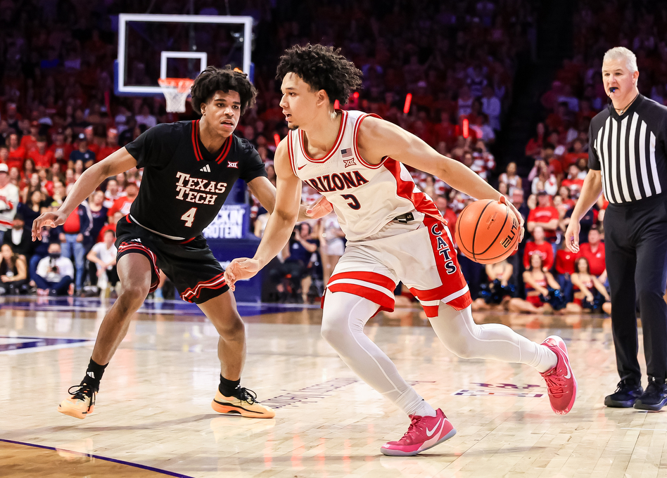 Brayden Burries (5) — TUCSON, ARIZ. -- Men’s basketball vs. Texas Tech in McKale Center at ALKEME Arena.Feb. 14, 2026. Photo by Mike Christy / Arizona Athletics