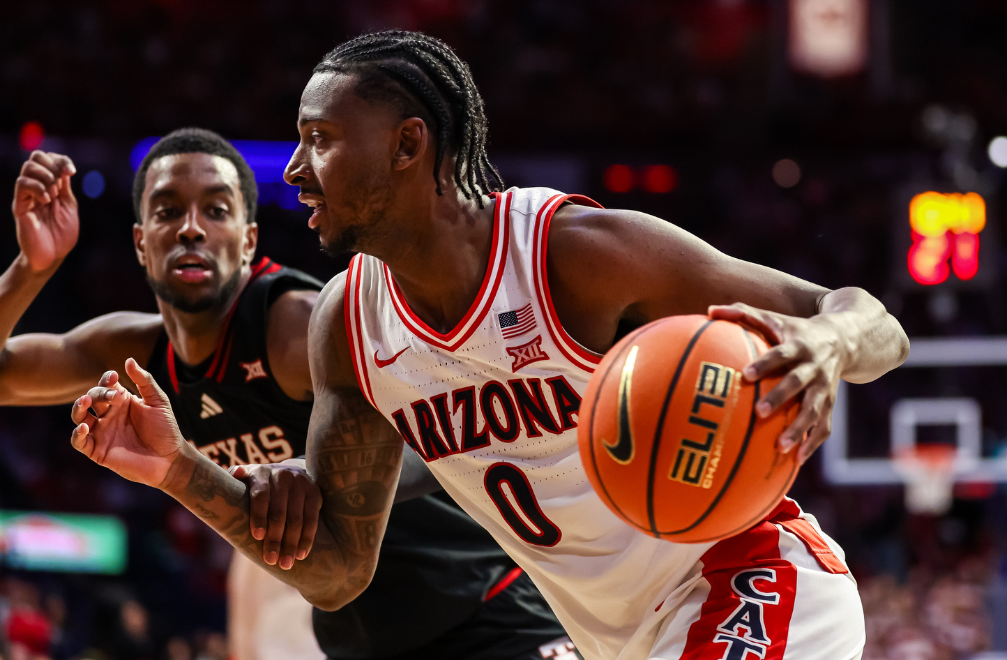 Jaden Bradley (0) — TUCSON, ARIZ. -- Men’s basketball vs. Texas Tech in McKale Center at ALKEME Arena.Feb. 14, 2026. Photo by Mike Christy / Arizona Athletics