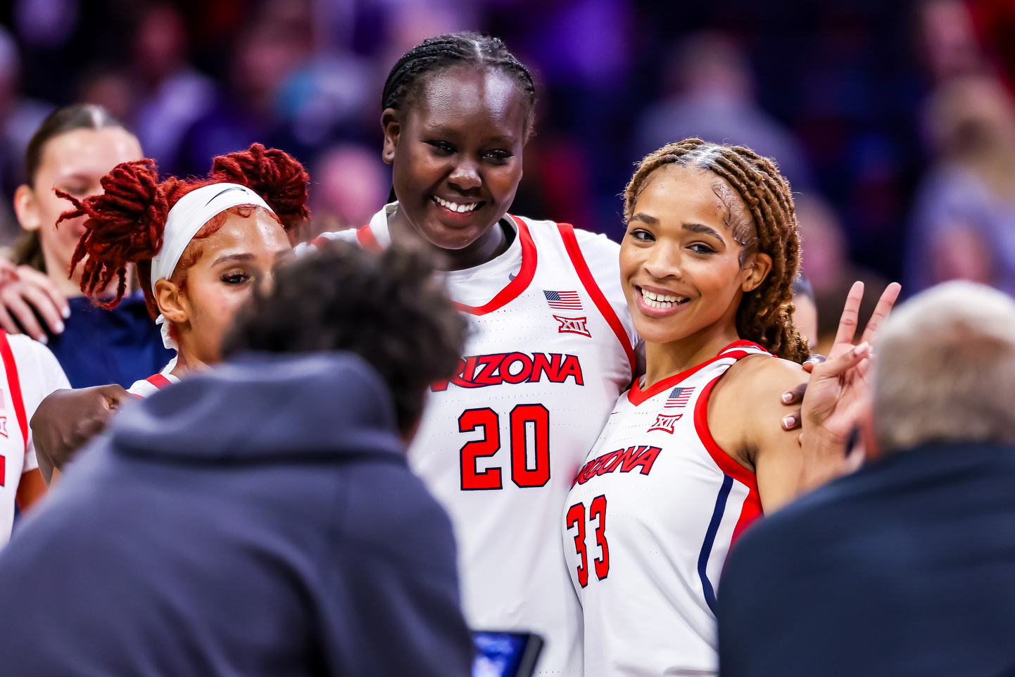 Achol Magot (20), Daniah Trammell (33), Tanyuel Welch (11) - TUCSON, ARIZ. -- Women’s Basketball vs Kansas State at McKale Memorial CenterFeb. 4, 2026. Photo by Rebecca Sasnett / Arizona Athletics