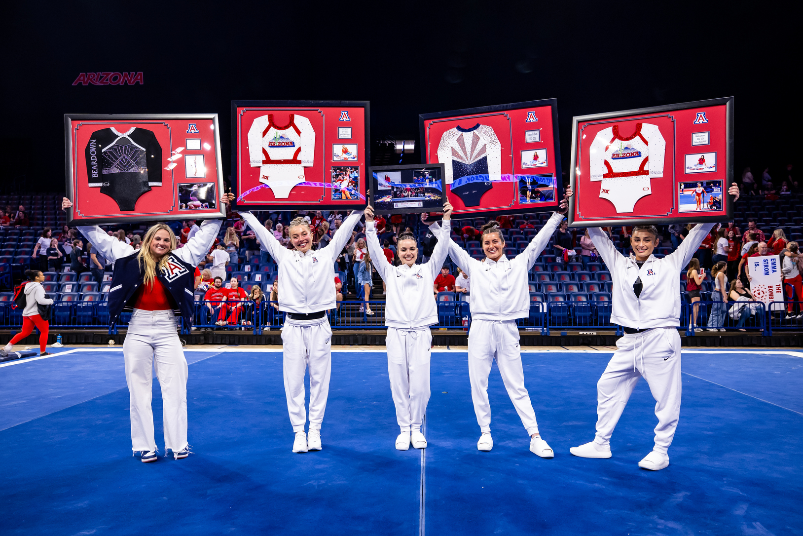 Emma Strom, Gianna Lenczner, Sophia Stephens, Jordan Schultz, Elizabeth LaRusso - TUCSON, ARIZ. -- Gymnastics Quad Meet vs Ohio State, SEMO, and Texas Woman's University for senior day at McKale Memorial Center in ALKEME ArenaMarch 13, 2026. Photo by Rebecca Sasnett / Arizona Athletics