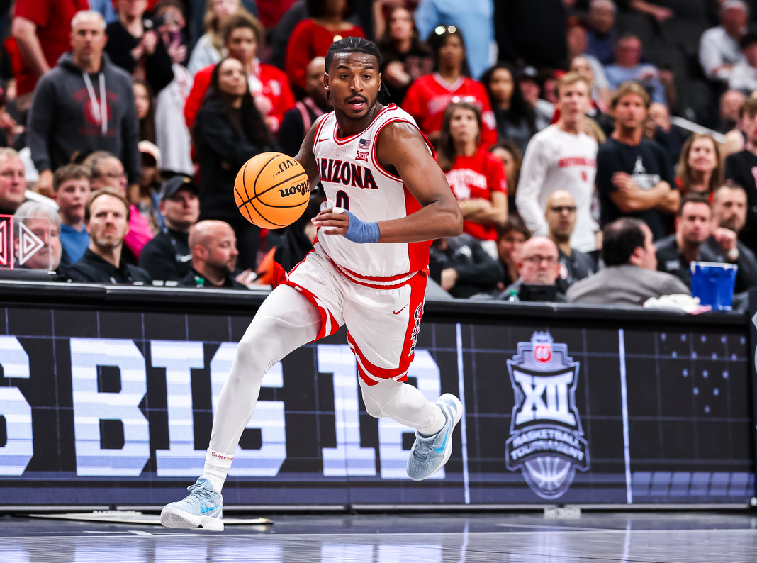 Jaden Bradley (0) — KANSAS CITY, MO. -- Men’s basketball vs. Houston in the Big 12 Conference Tournament Championship game at T-Mobile Center.March 14, 2026. Photo by Mike Christy / Arizona Athletics