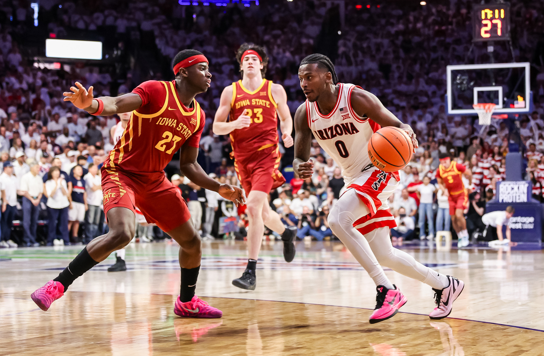 Jaden Bradley (0) — TUCSON, ARIZ. -- Men’s basketball vs. Iowa State at McKale Center at ALKEME Arena.March 2, 2026. Photo by Mike Christy / Arizona Athletics