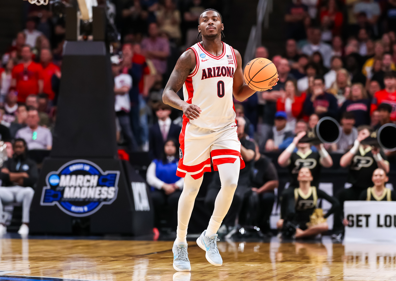 Jaden Bradley (0) — SAN JOSE, CALIF. -- Men’s baskeball vs. Purdue in the West Regional Final Elite Eight game of the 2026 NCAA Tournament at SAP Center.March 28, 2026. Photo by Mike Christy / Arizona Athletics
