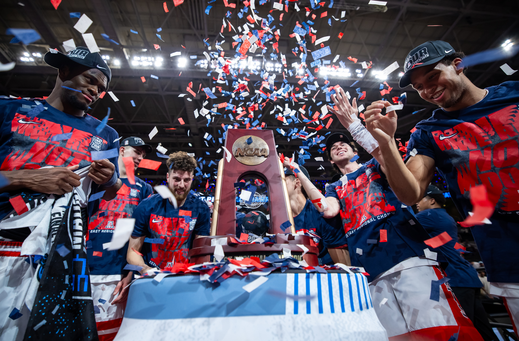 Dwayne Aristode (2), Jackson Francois (7), Evan Nelson (21), Anthony Dell'Orso (3) — SAN JOSE, CALIF. -- Men’s baskeball vs. Purdue in the West Regional Final Elite Eight game of the 2026 NCAA Tournament at SAP Center.March 28, 2026. Photo by Mike Christy / Arizona Athletics