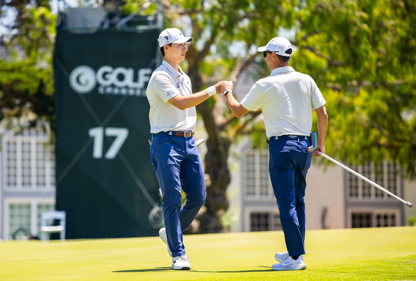Matt Walton, assistant coach, Tianyi Xiong — CARLSBAD, CALIF. -- Men’s golf competes in the third day of stroke play at the 2026 NCAA Men’s Golf Championships on the North Course at Omni La Costa Resort & Spa.May 31, 2026. Photo by Mike Christy / Arizona Athletics
