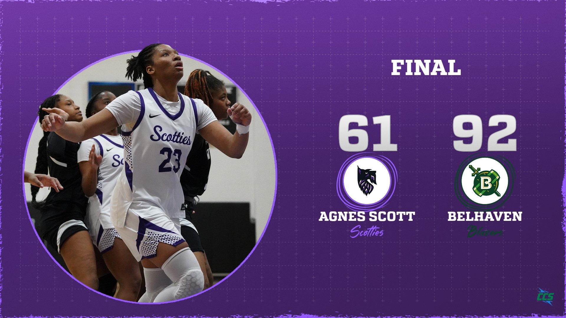 Belhaven 92, Agnes Scott 61. Final score with picture of Anissa Brailsford in action