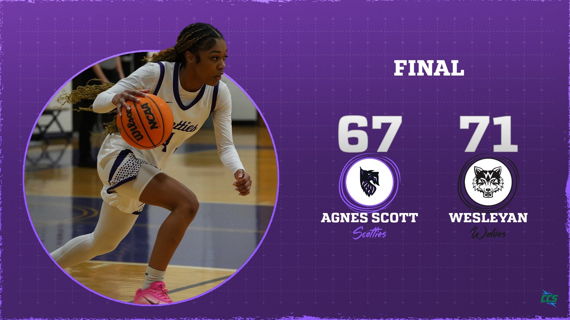 Alex McElroy dribbling the ball. Final Score Wesleyan 71, Agnes Scott 67