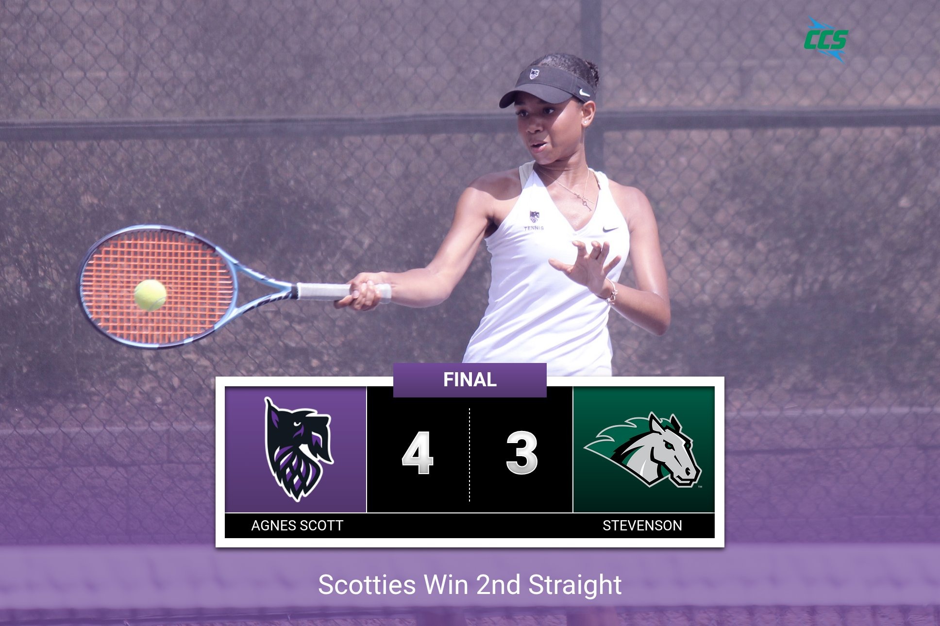 ASC 4 Stevenson 3 in women's tennis. Feliz Pearson hitting forehand in background.