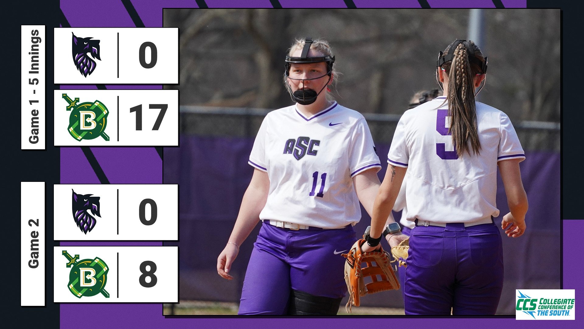Graphic of Belhaven 17, Agnes Scott 0 and Belhaven 8, Agnes Scott 0. Ellie Settle and Kaylee Hickman giving handshake