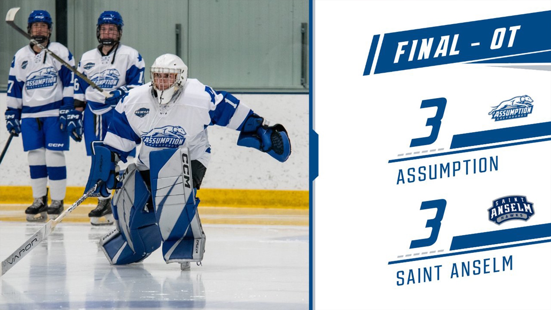 Women's Ice Hockey ties Saint Anselm, 11 in NEWHA debut Assumption