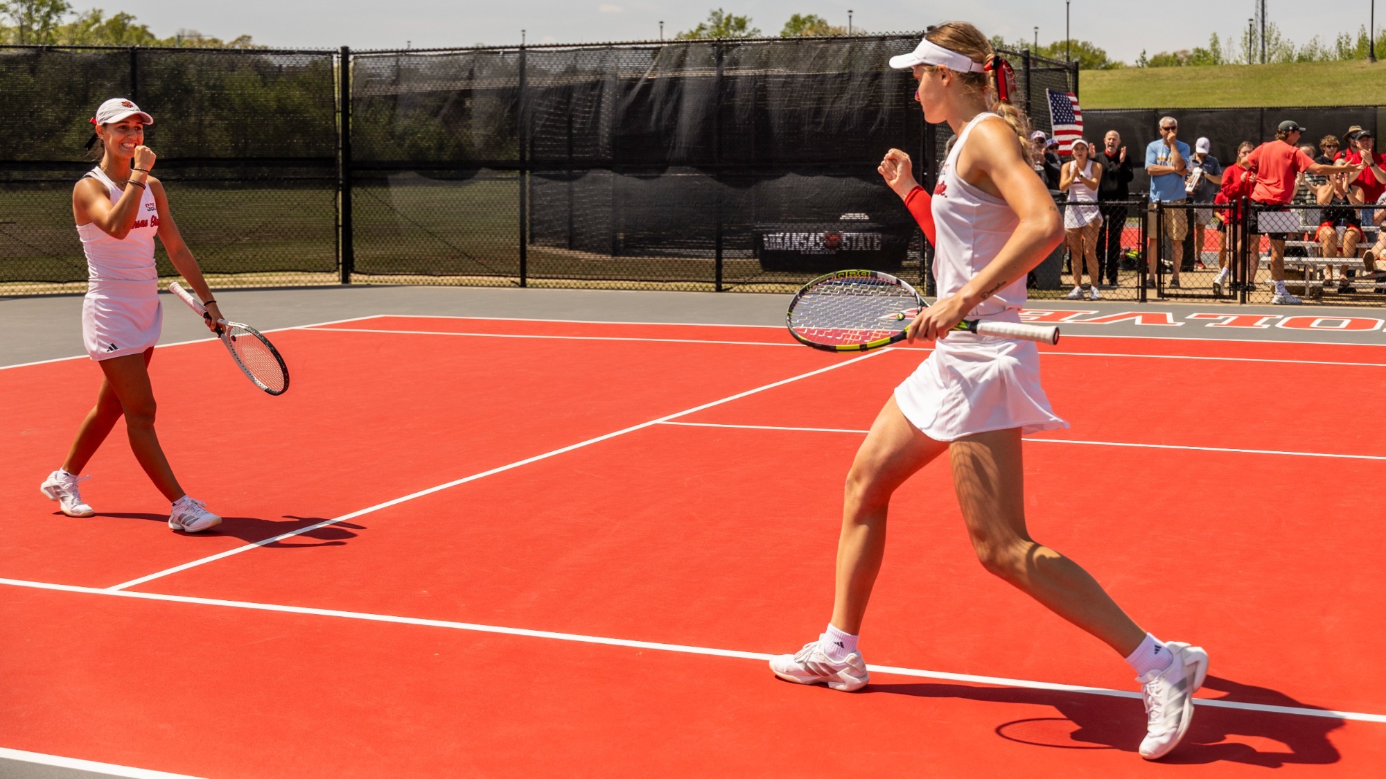 Carla Muro Castellvi and Lilly Cvanciger celebrate win over South Alabama