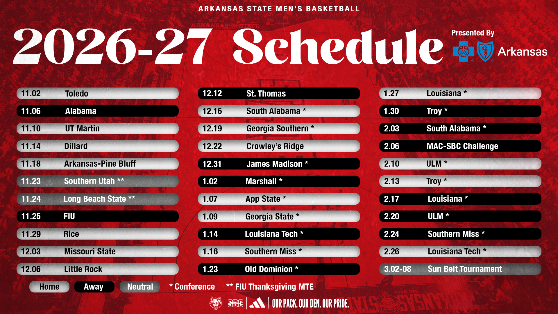 2026-27 A-State MBB Schedule