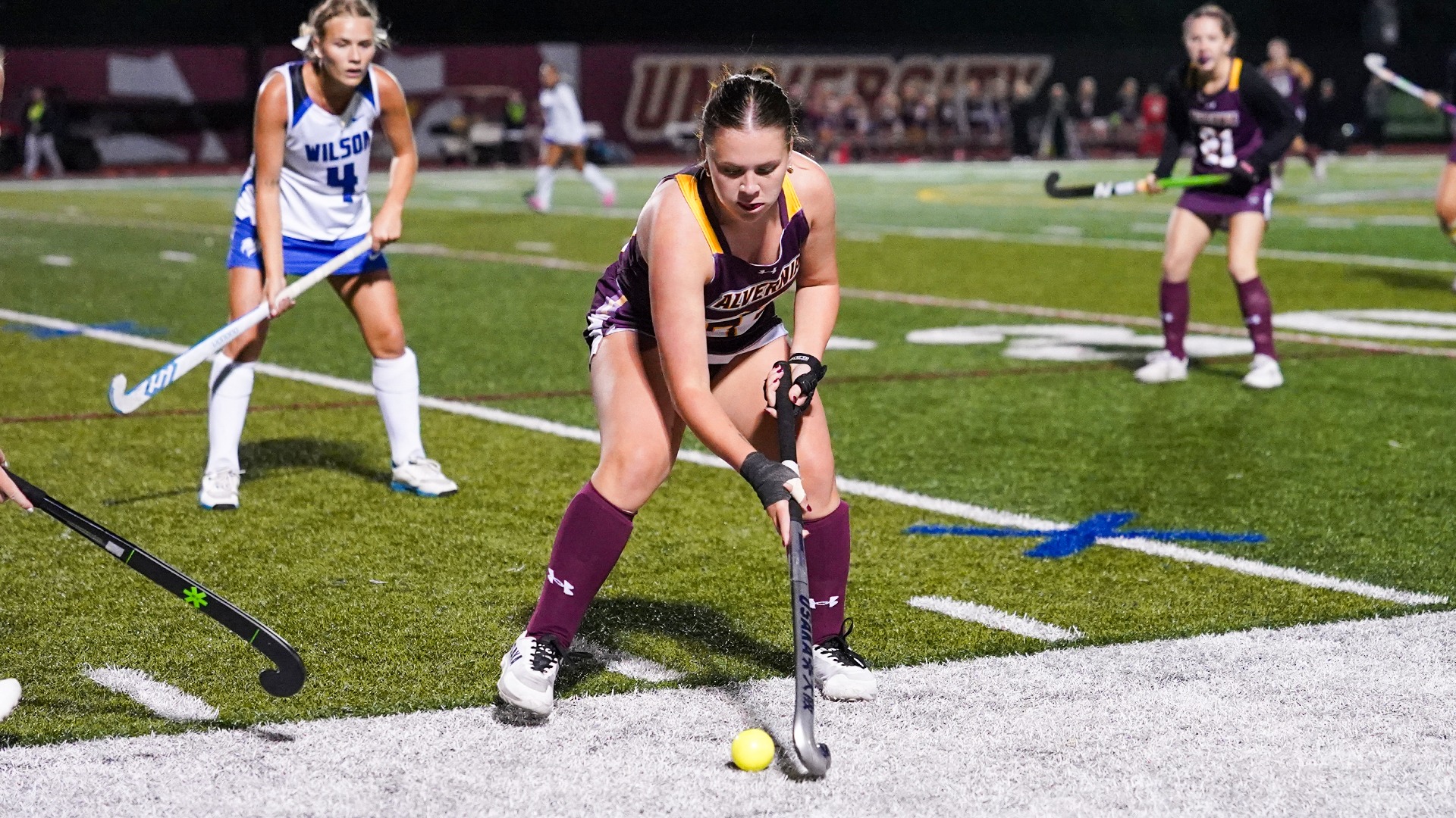 Natalie Parent dribbles the ball against Wilson College