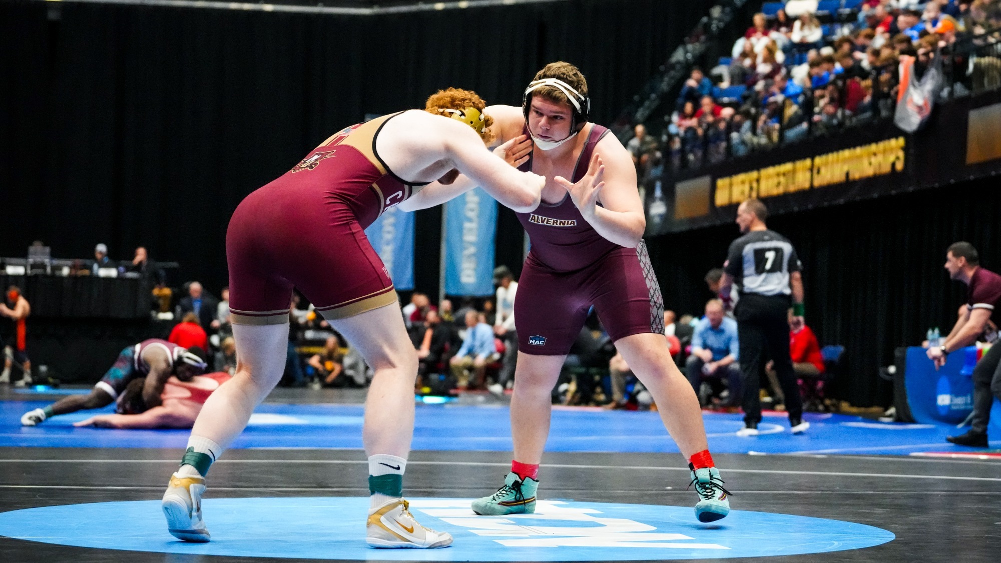 Owen Reber wrestles against Rory Nolan from Norwich in the first round of the 2026 NCAA DIII National Championships in Cedar Rapids, Iowa