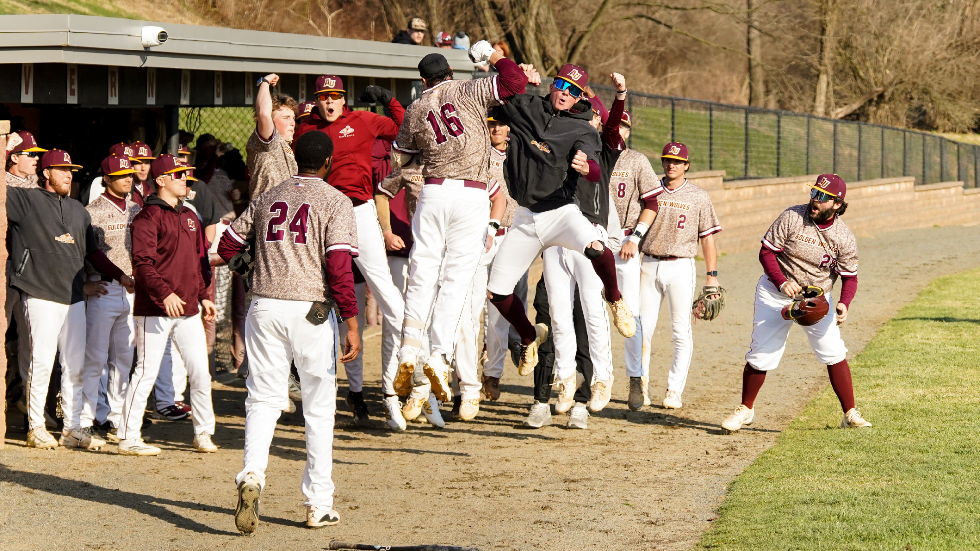 Babkowski celebrates with his team after hitting a home run