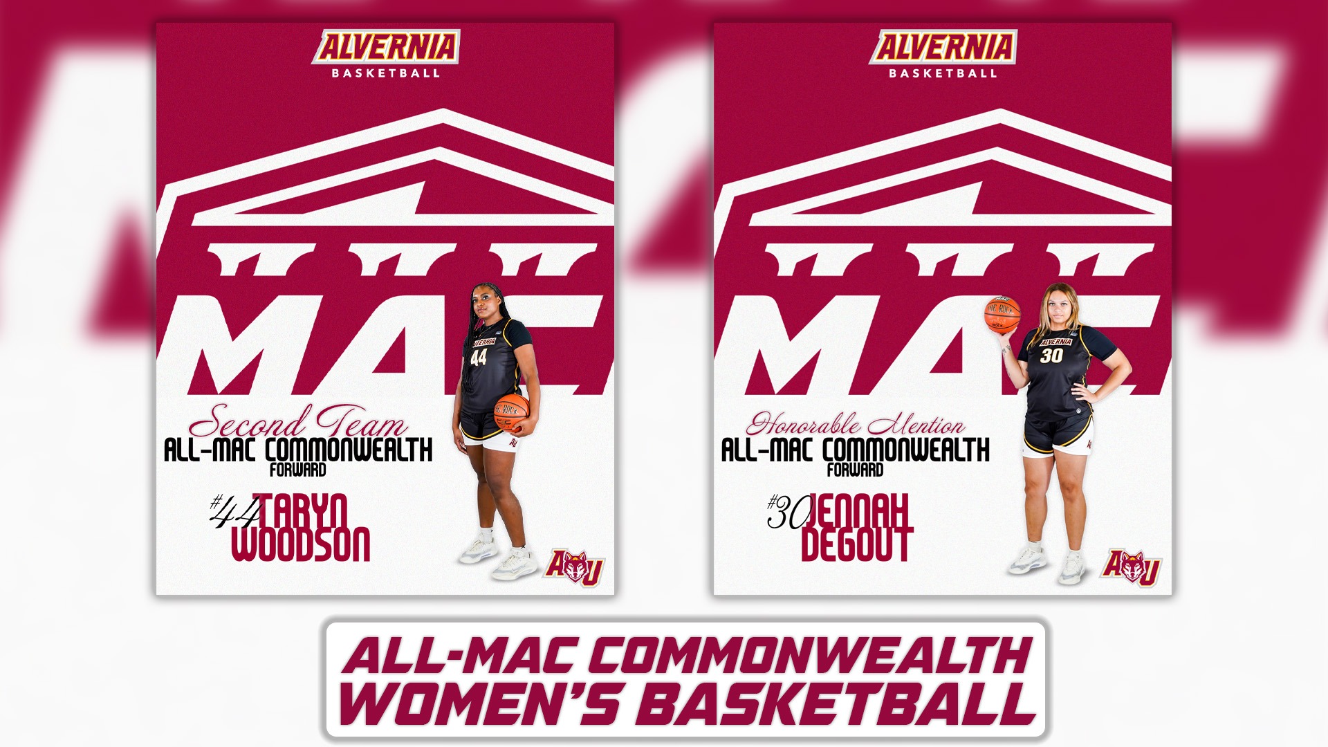 Website All-MAC Commonwealth graphic of Women's Basketball's Taryn Woodson and Jennah DeGout