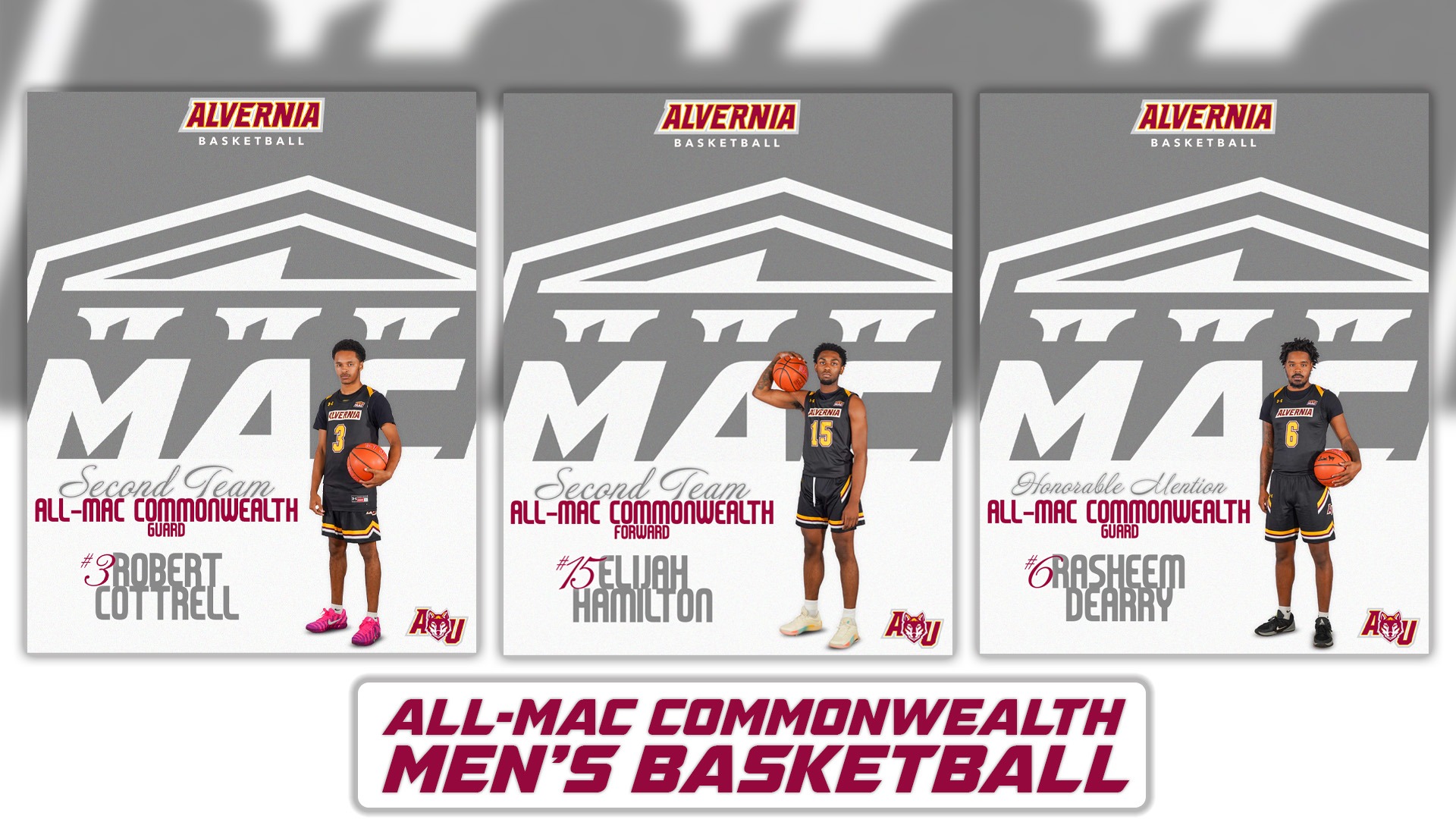 Elijah Hamilton, Robert Cottrell and Rasheem Dearry are featured on a All-MAC Commonwealth graphic for their All-Conference men's basketball honors. 