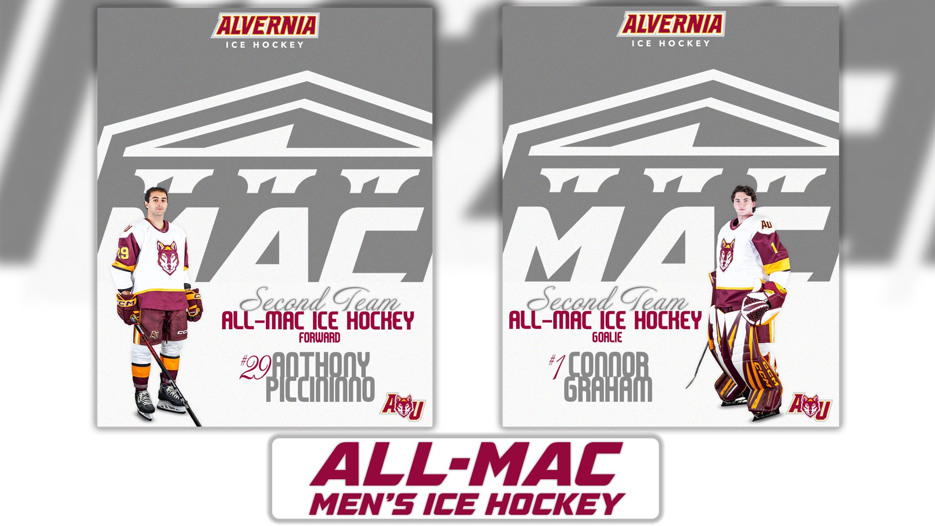 Anthony Piccininno and Connor Graham on an All-MAC Men's Ice Hockey graphic. 