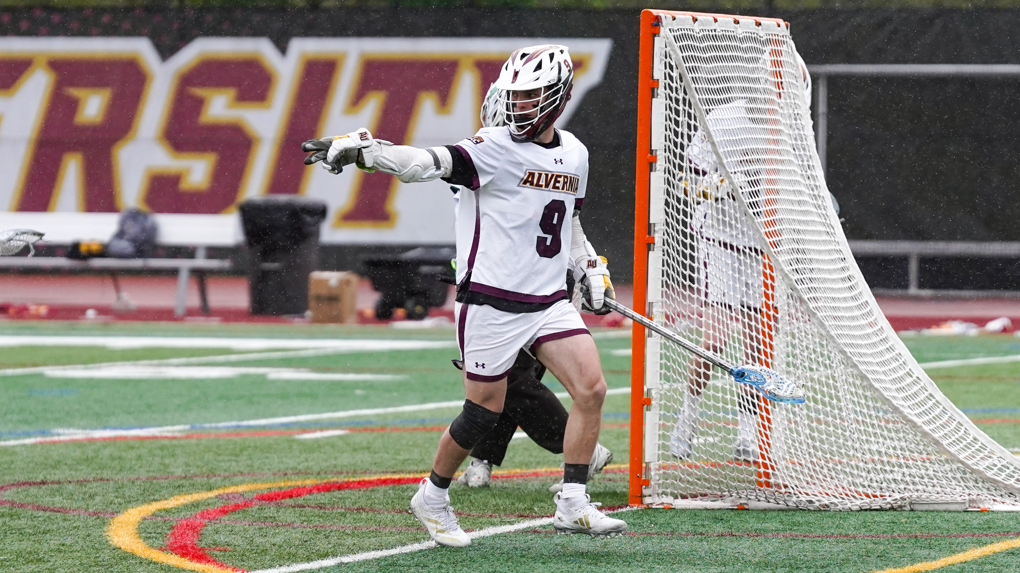 Keegan Driscoll points to his teammate after scoring his third goal against York