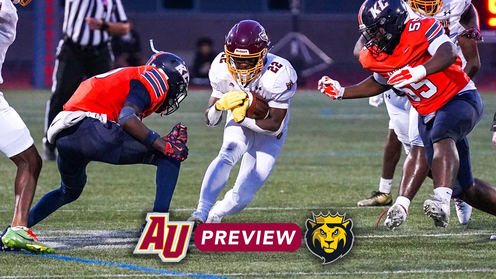 Football preview photo for King's game. Andrew Simmons runs through the middle.