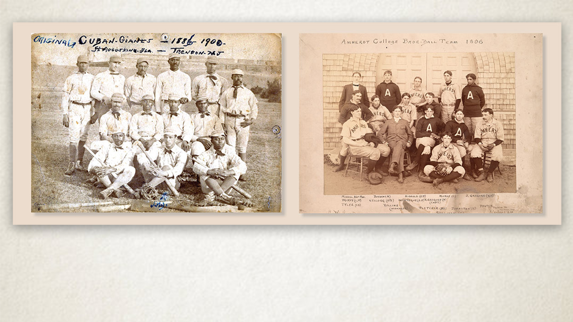 Team photo of 1886-1900 Cuban Giants to the right of a team photo of the 1896 Amherst College baseball team