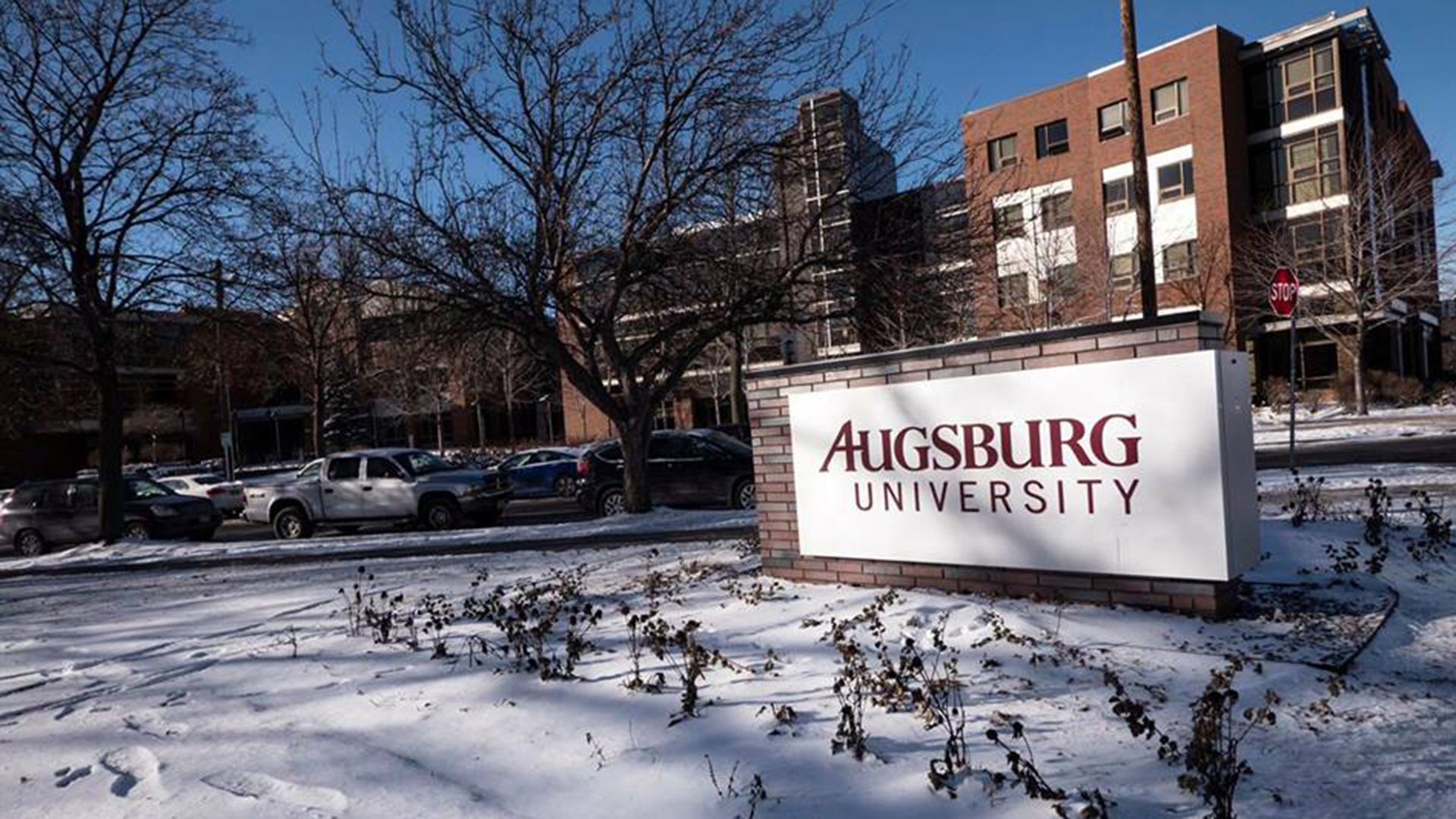 A winter scene on the Augsburg University campus, facing the Oren Gateway Center.