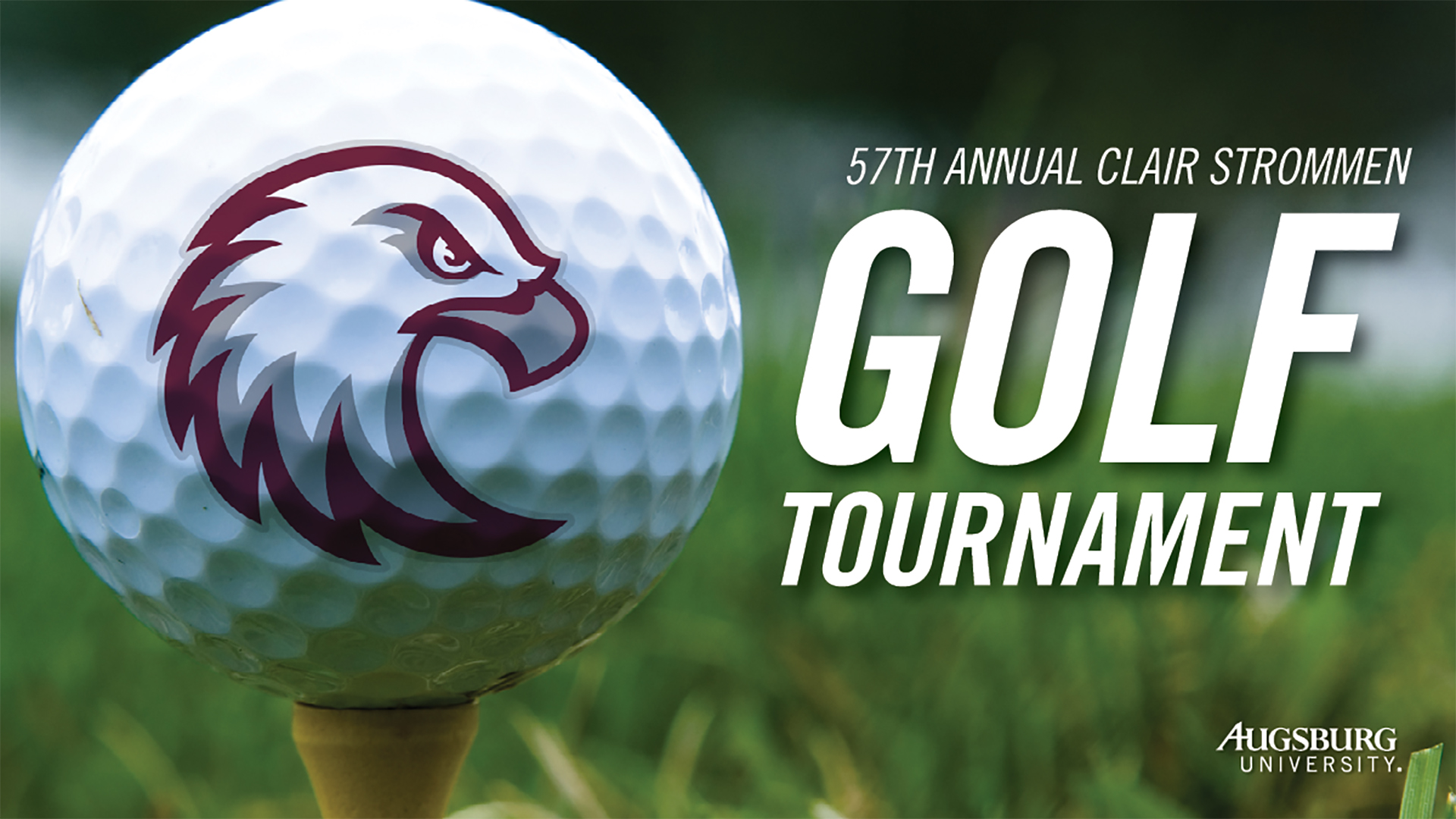 A golf ball on a tee with the Augsburg athletic eagle logo on it, with the words 