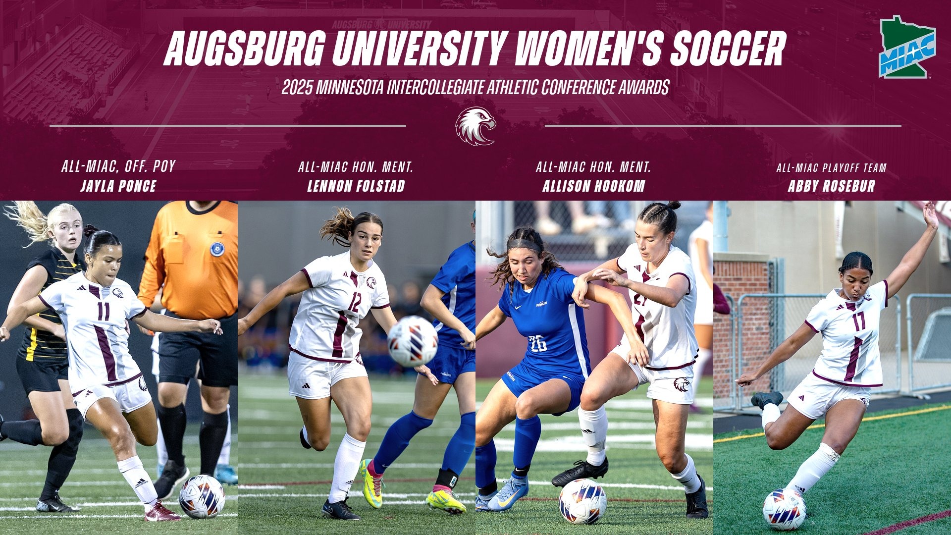 Photos of Jayla Ponce, Lennon Folstad, Allison Hookom and Abby Rosebur. On the photo are the Augsburg and MIAC logos, and the text: 
