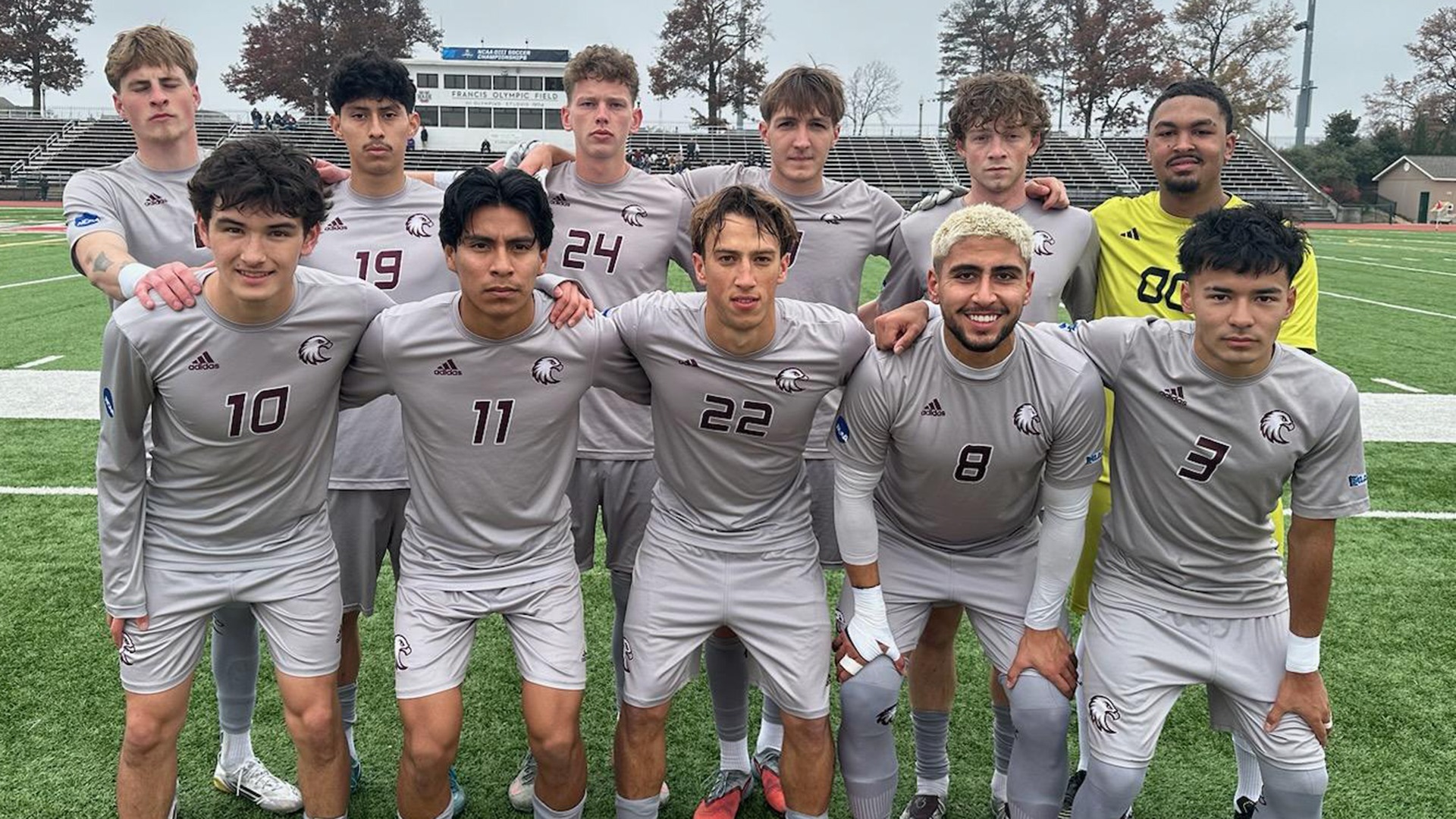 Augsburg men's soccer's starting 11 for its 2025 game against Trinity (Texas).