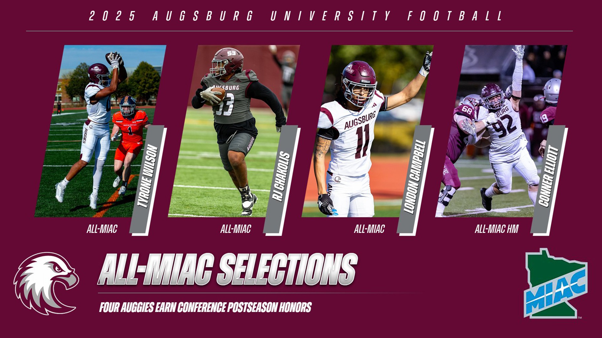 Action photos of Tyrone Wilson, RJ Chakolis, London Campbell and Conner Elliott. Superimposed are the Augsburg and MIAC logos, and the text: 
