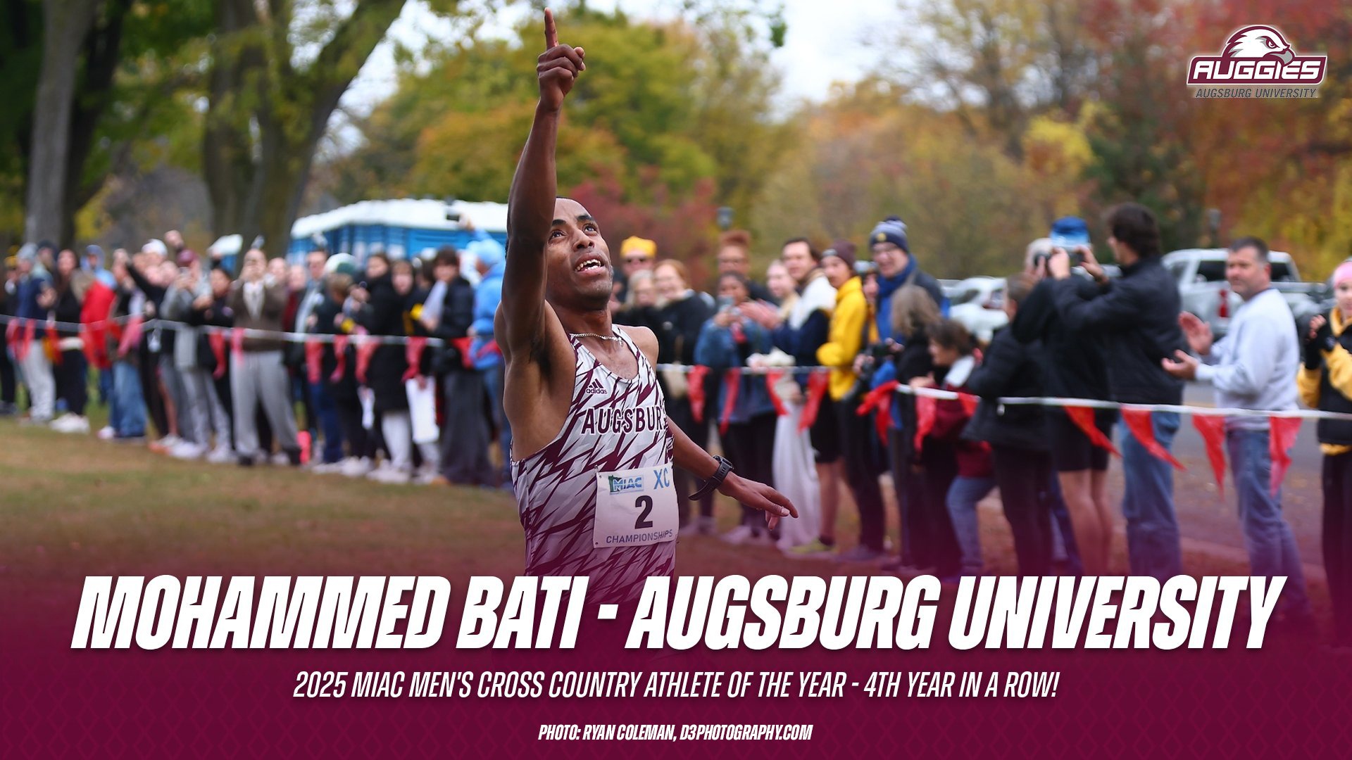Action shot of Mohammed Bati during a 2025 Augsburg men's cross country meet. The Augsburg Athletics logo is on the photo, with the text: 