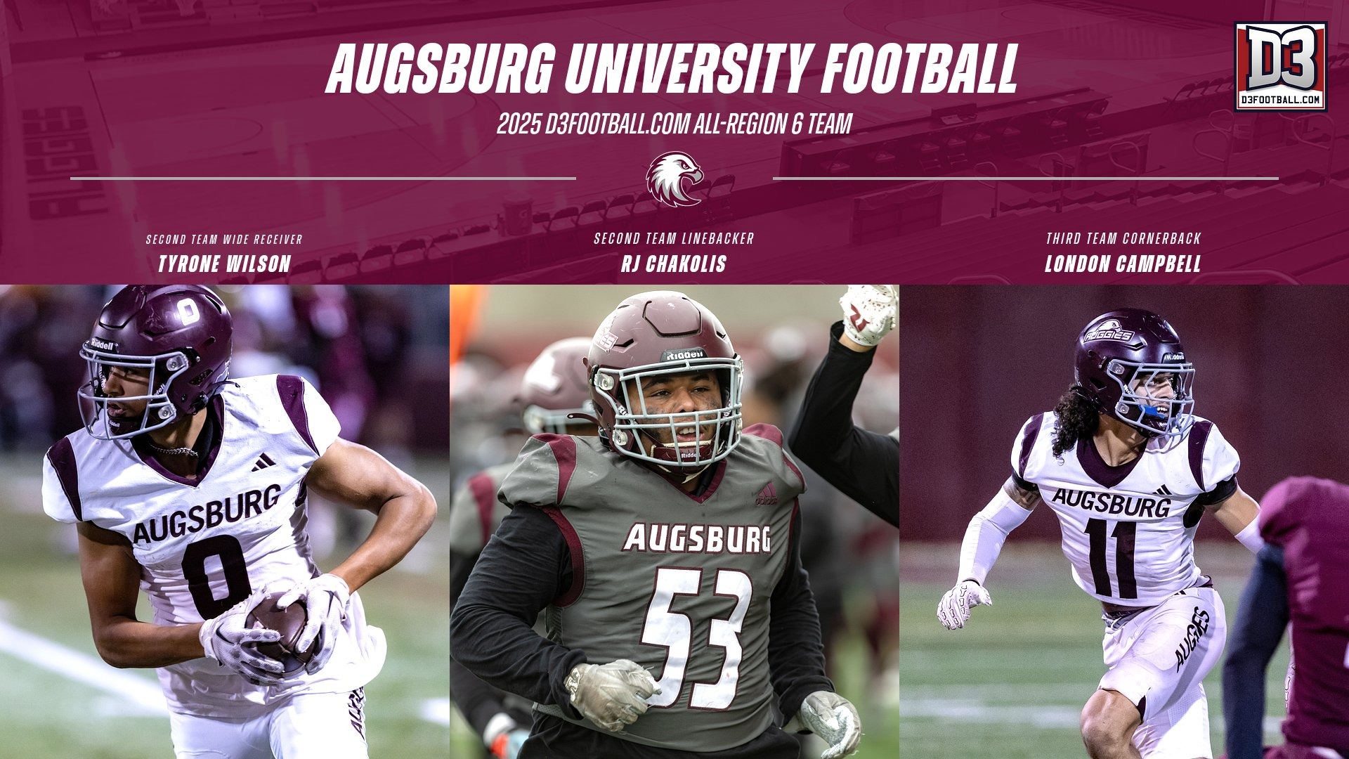 Action photos of Tyrone Wilson, RJ Chakolis and London Campbell. On the photo are the Augsburg Eagle and D3football.com logos, and the text: 
