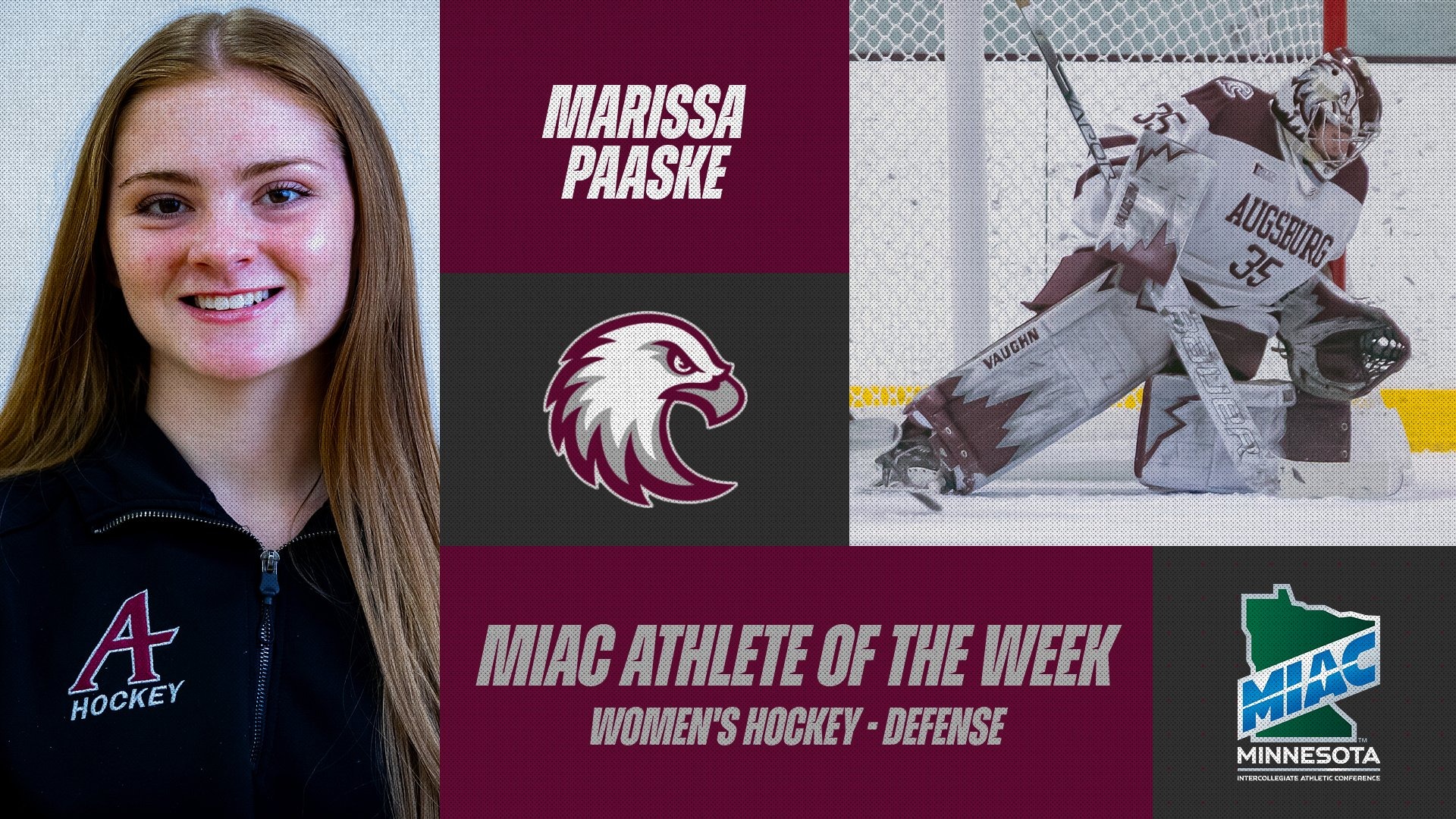 Head shot and action photo of Marissa Paaske. Superimposed on the photos are the Augsburg and MIAC logos, and the text 