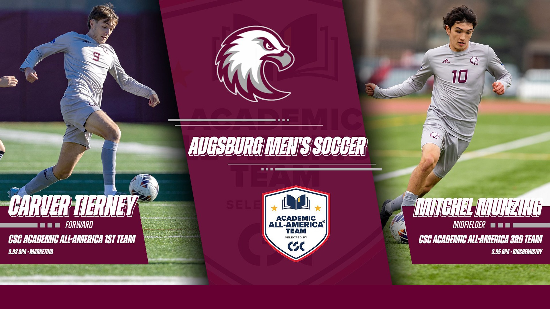 Action shots of Carver Tierney and Mitchel Munzing. On the photo are the Augsburg Eagle and Academic All-America logos, and the text: 