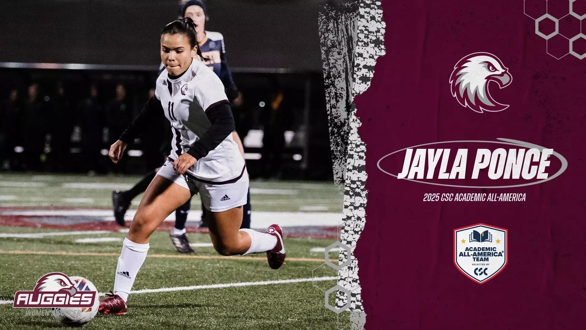 Action photo of Jayla Ponce. On the photo are the Augsburg Eagle and CSC Academic All-America logos, and the text: 