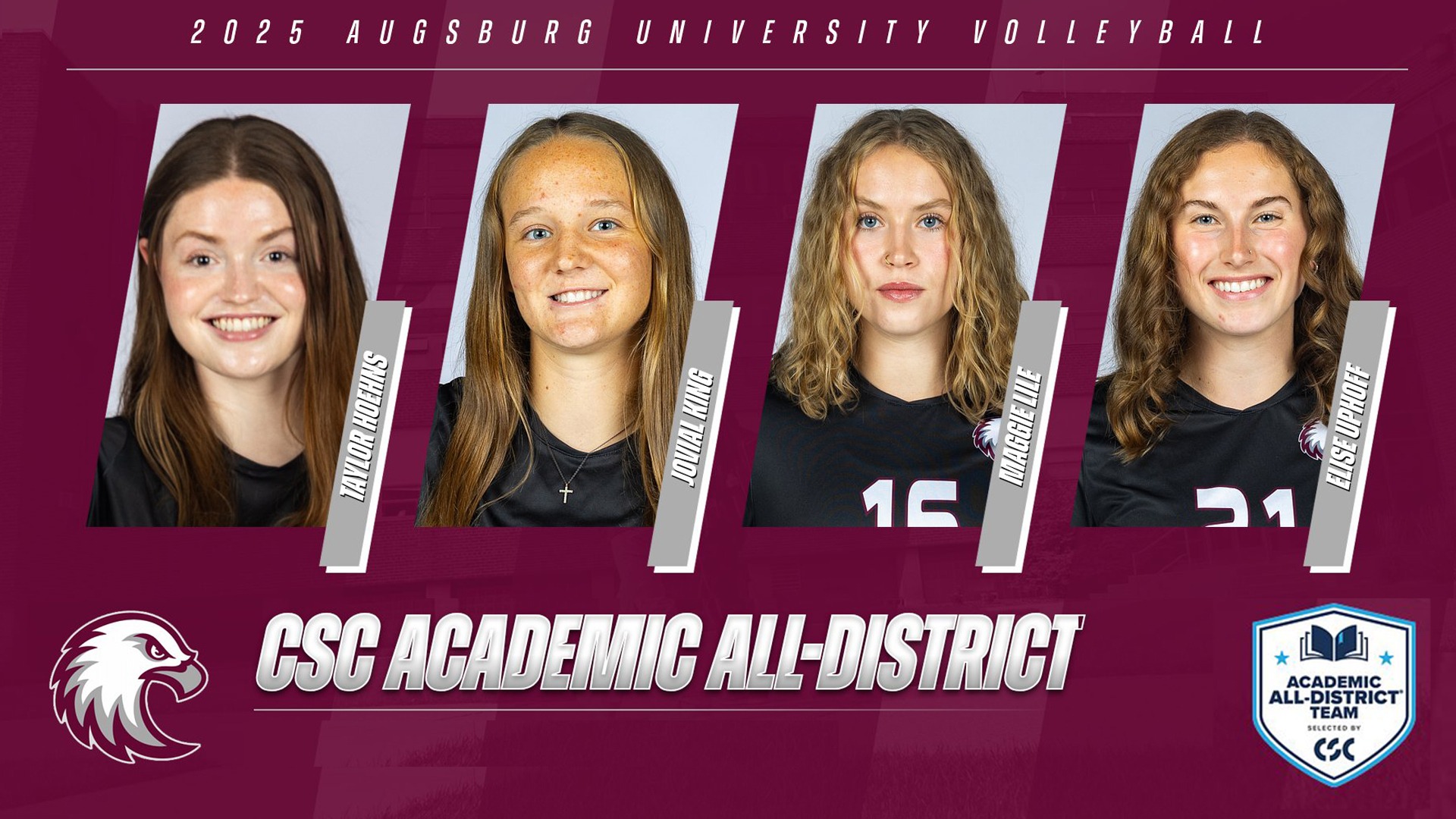 Mugshots of Taylor Hoehns, Jovial King, Maggie Lile and Elise Uphoff. On the graphic are the Augsburg Eagle and Academic All-District logos, and the text: 