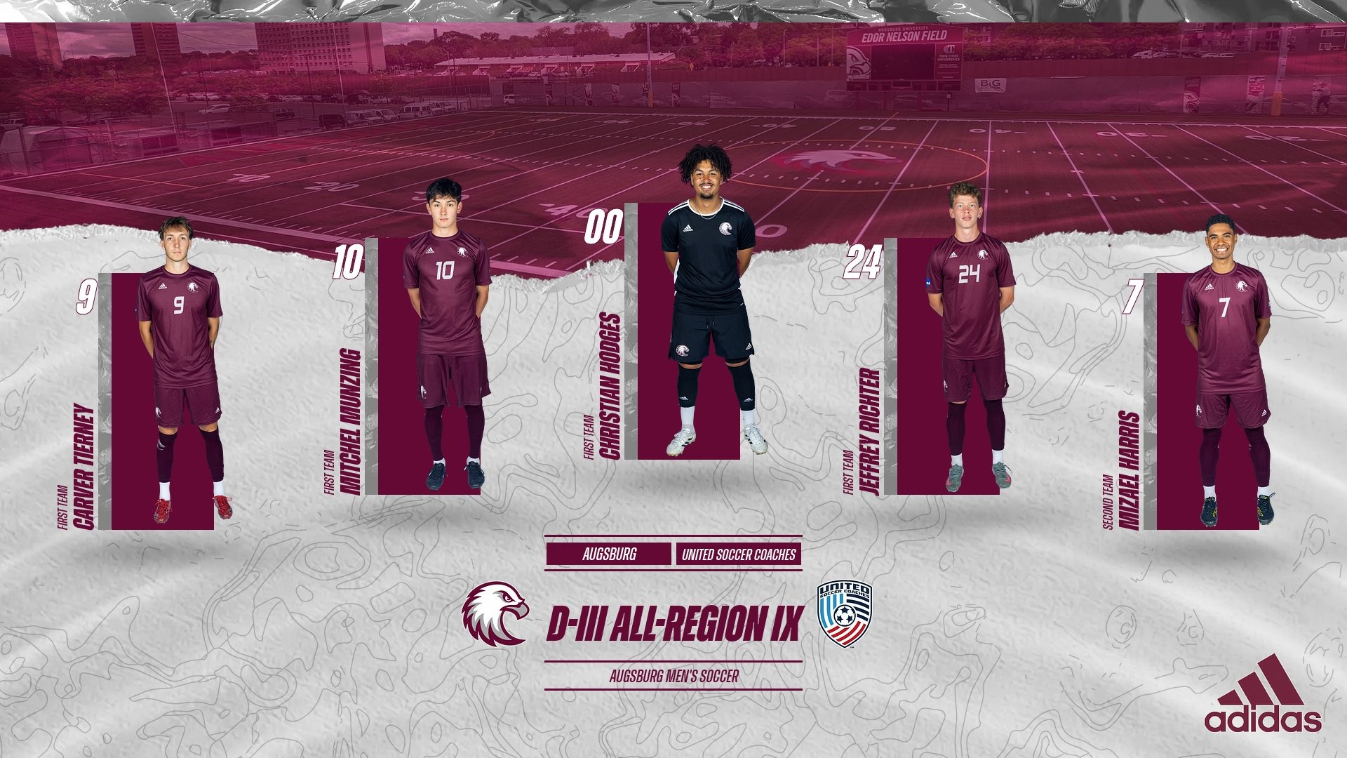 Posed shots of Carver Tierney, Mitchel Munzing, Christian Hodges, Jeffrey Richter and Mizael Harris. Background of photo is Edor Nelson Field. Text on the photo is: 